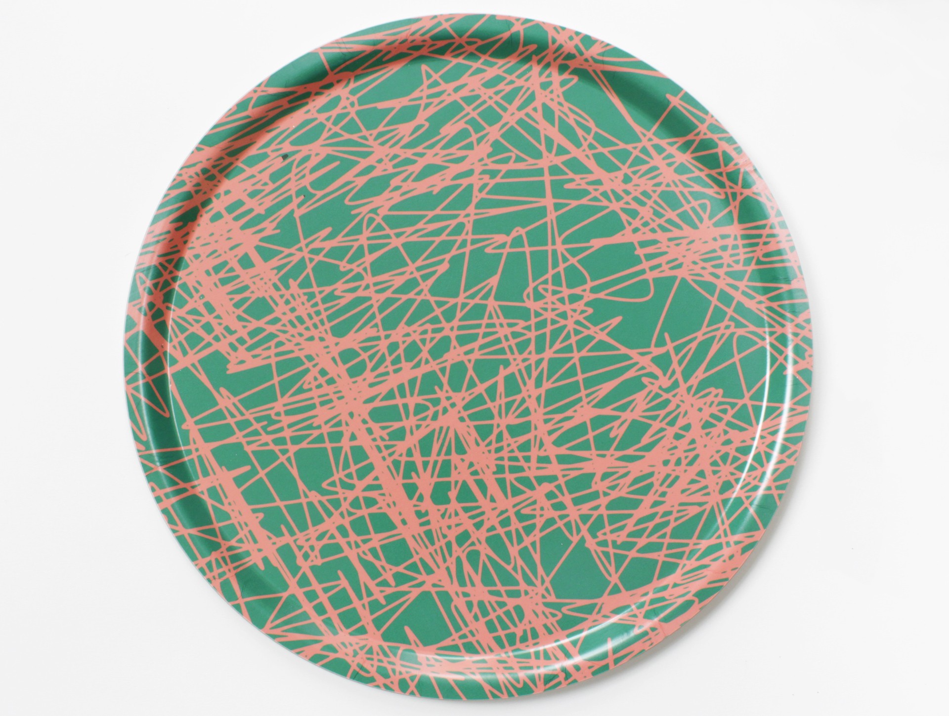 Tray round Plumes. Ø38 cm, green + pink.