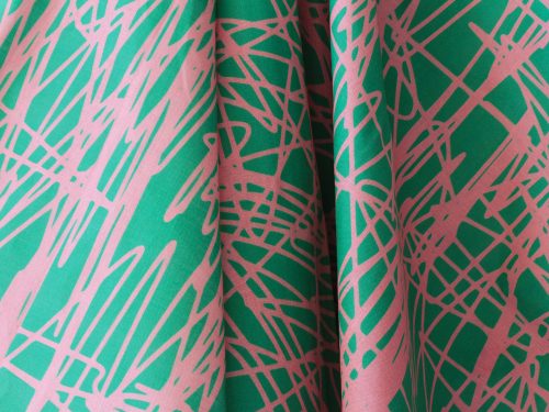 Stof 'pluimen'. groen | roze. 0,5 meter.
